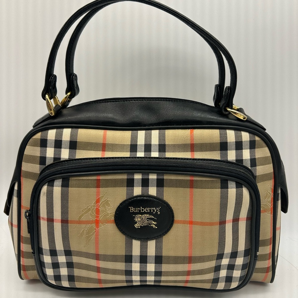 Authentic BURBERRY Black Tan Horseferry Check Canvas and Leather Satchel